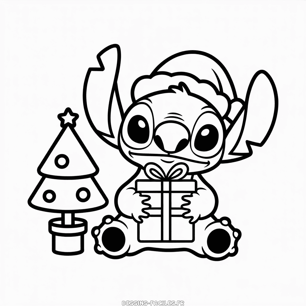 Dessin Facile Stitch offre un cadeau de Noël