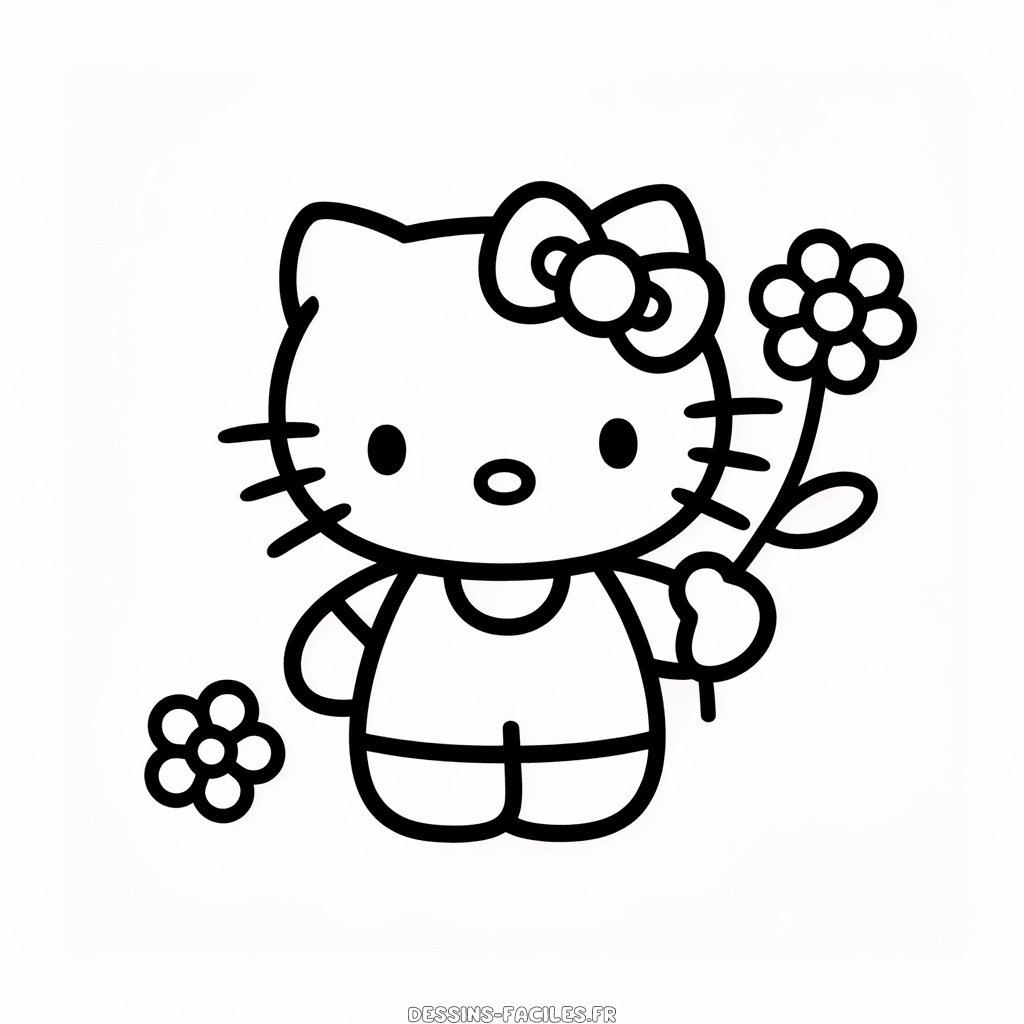 Dessin Facile Hello Kitty Tenant une Fleur