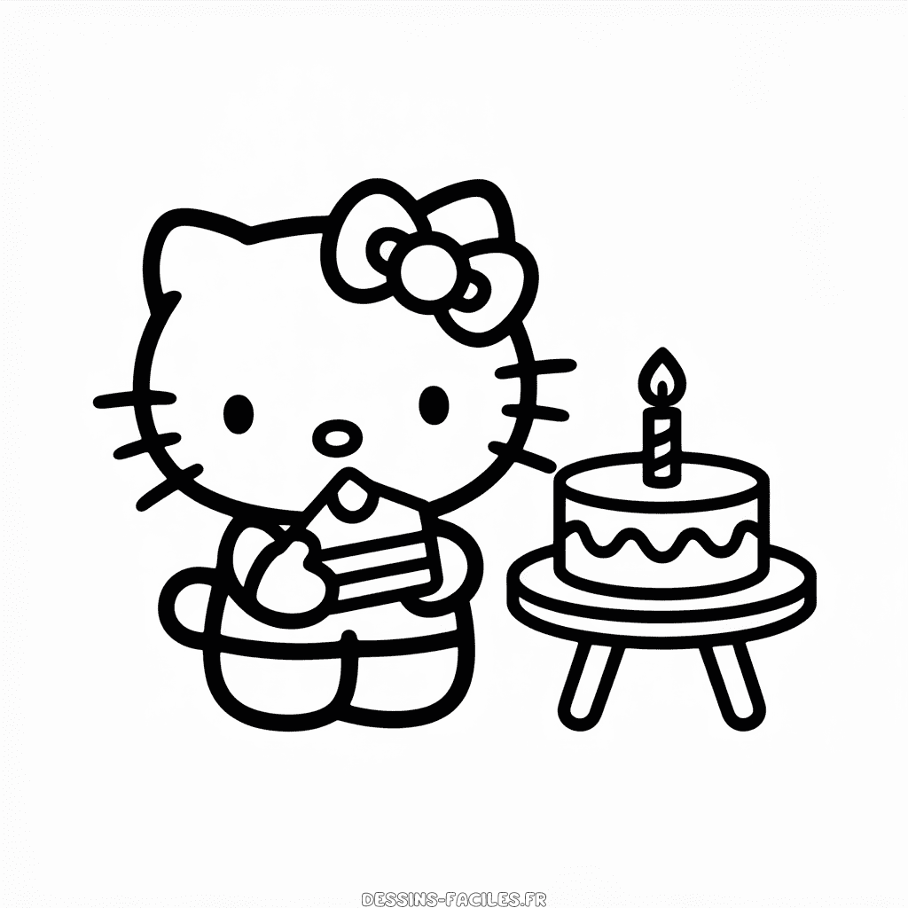 Dessin Facile Hello Kitty et le Gâteau d'Anniversaire