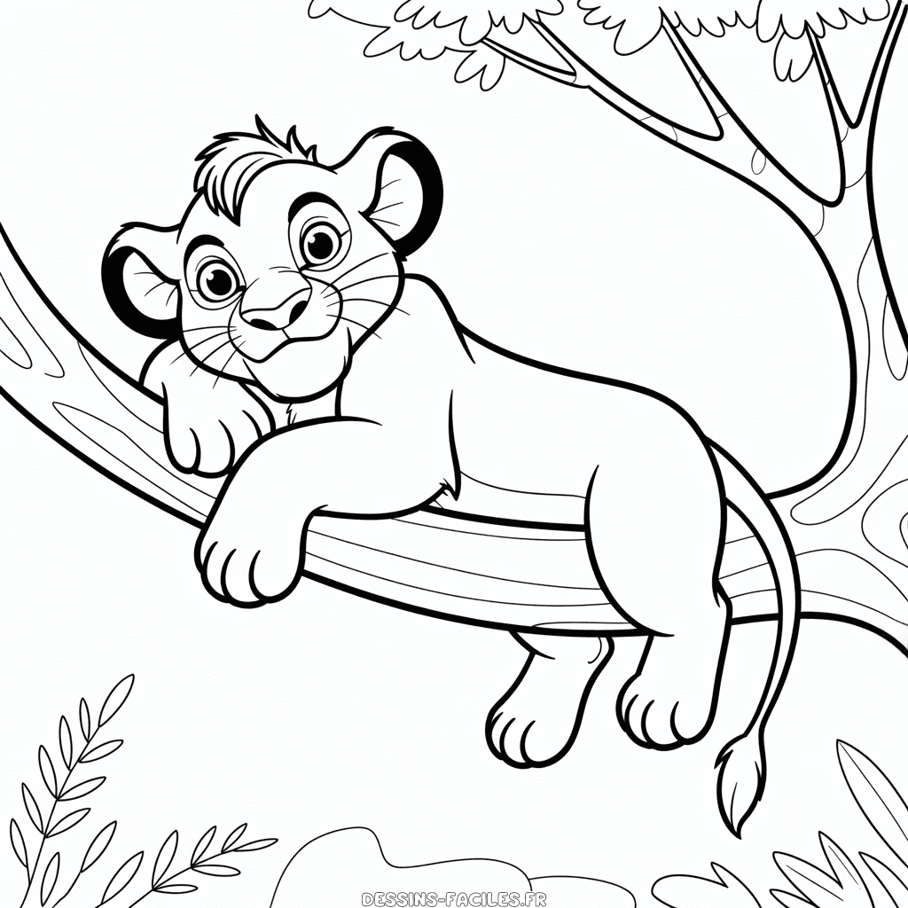 Dessin Facile Le Roi Lion Simba dans un Arbre