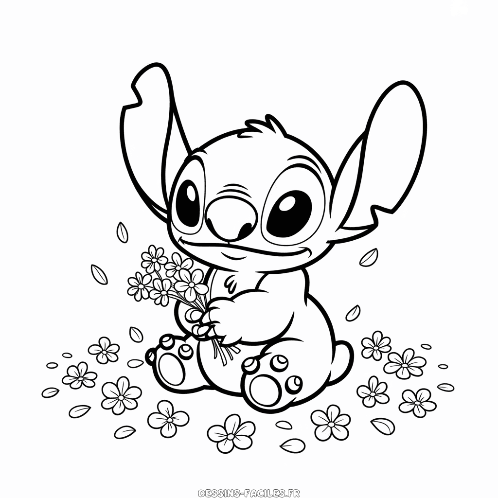 Dessin Facile Stitch avec des fleurs